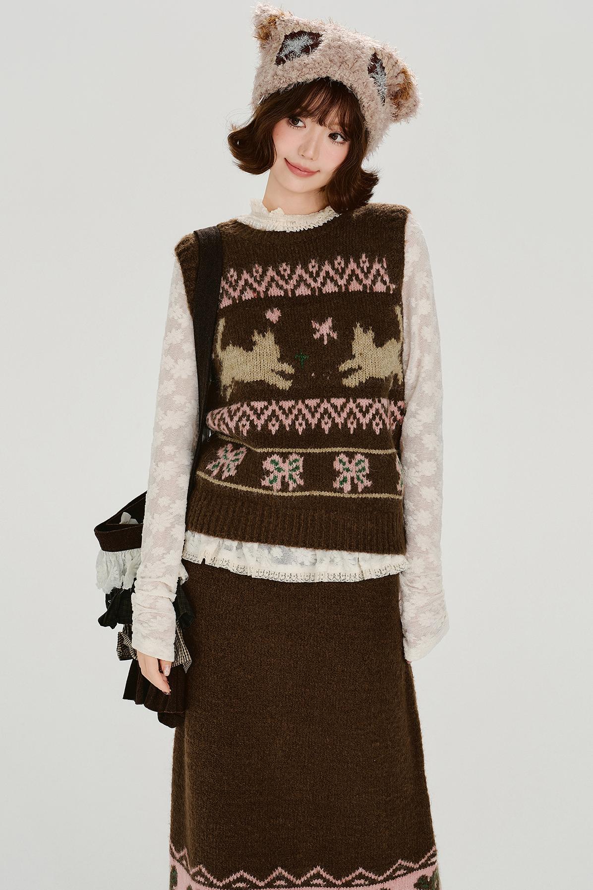 レトロフェアアイルニットベスト+スカート