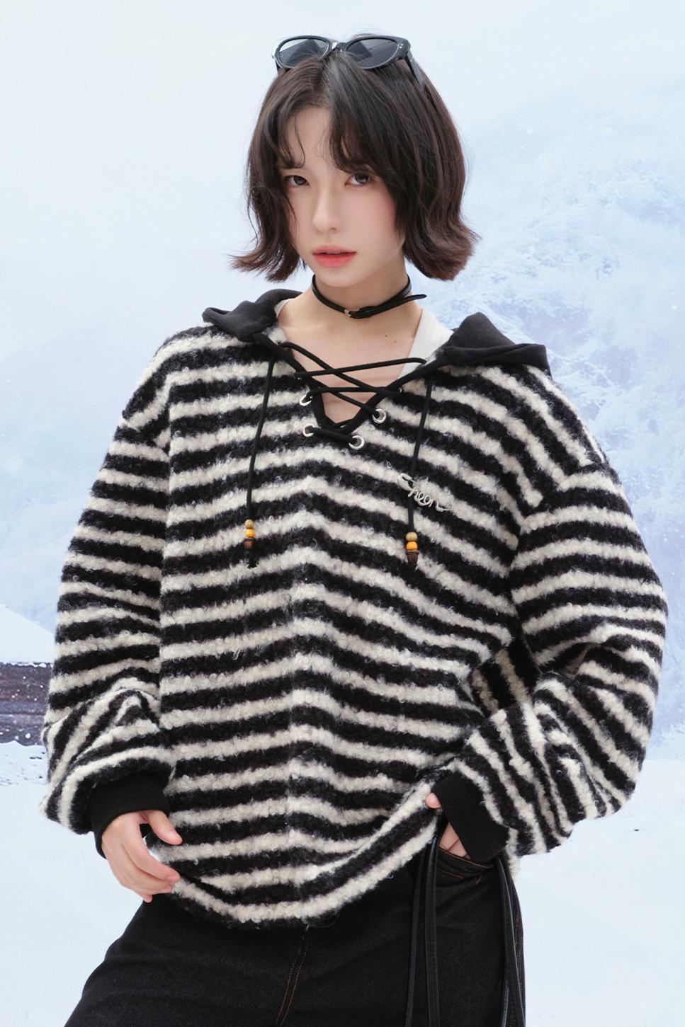 Striped plush hooded top