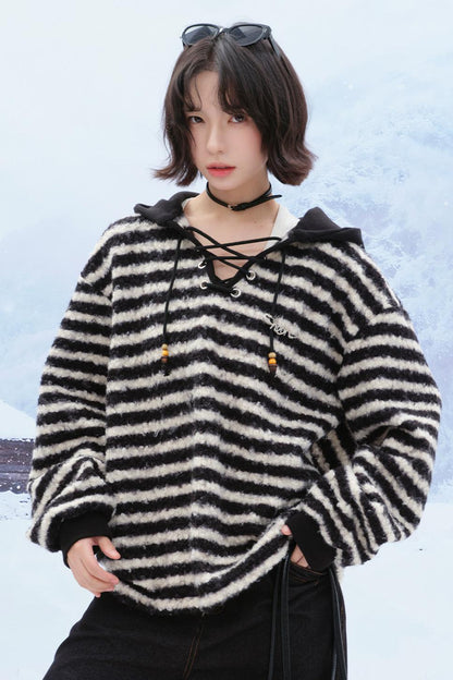 Striped plush hooded top