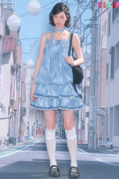 扎染蓝色格子蕾丝连衣裙