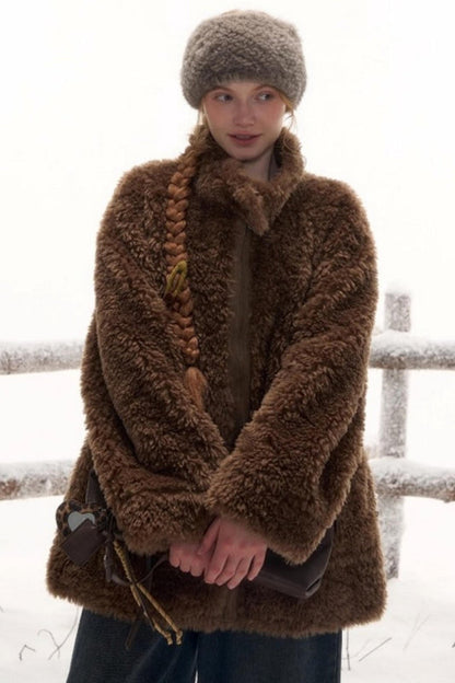 Reversible suede stand collar fur coat