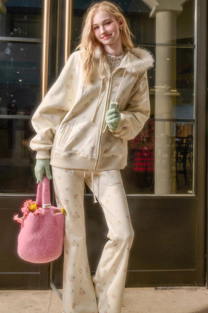 フローラルフラワーファーフードジャケット+ルーズコート+ロングパンツ