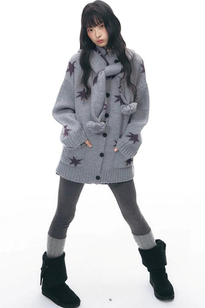 Reversible Star Cardigan + Fur Ball Hooded Scarf