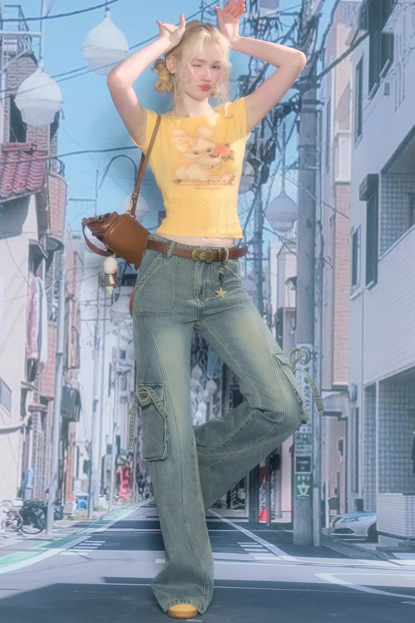 Ribbon Osh Pocket Flare Denim Pants