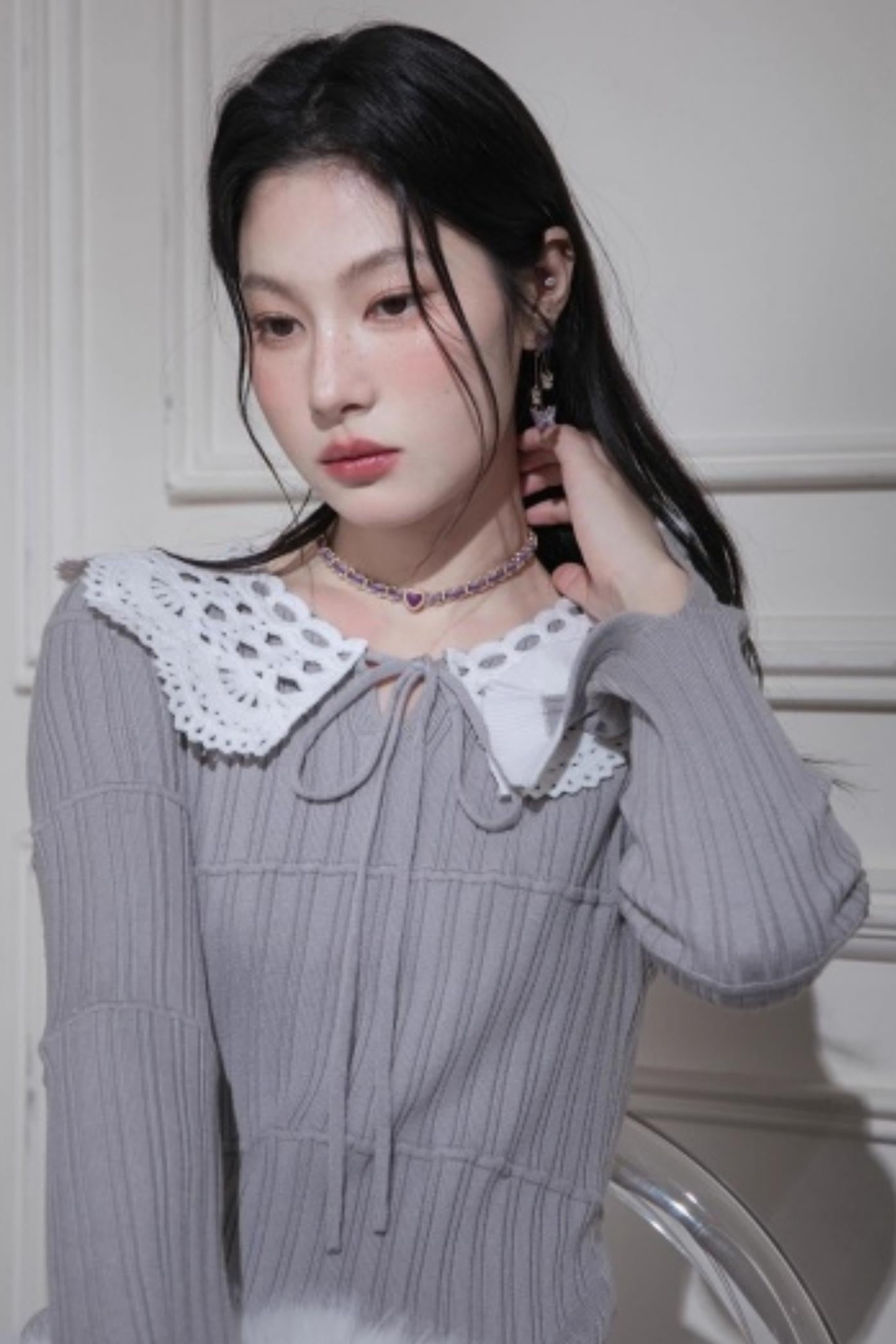 スーチュアンミストグレイフリルロングドレス