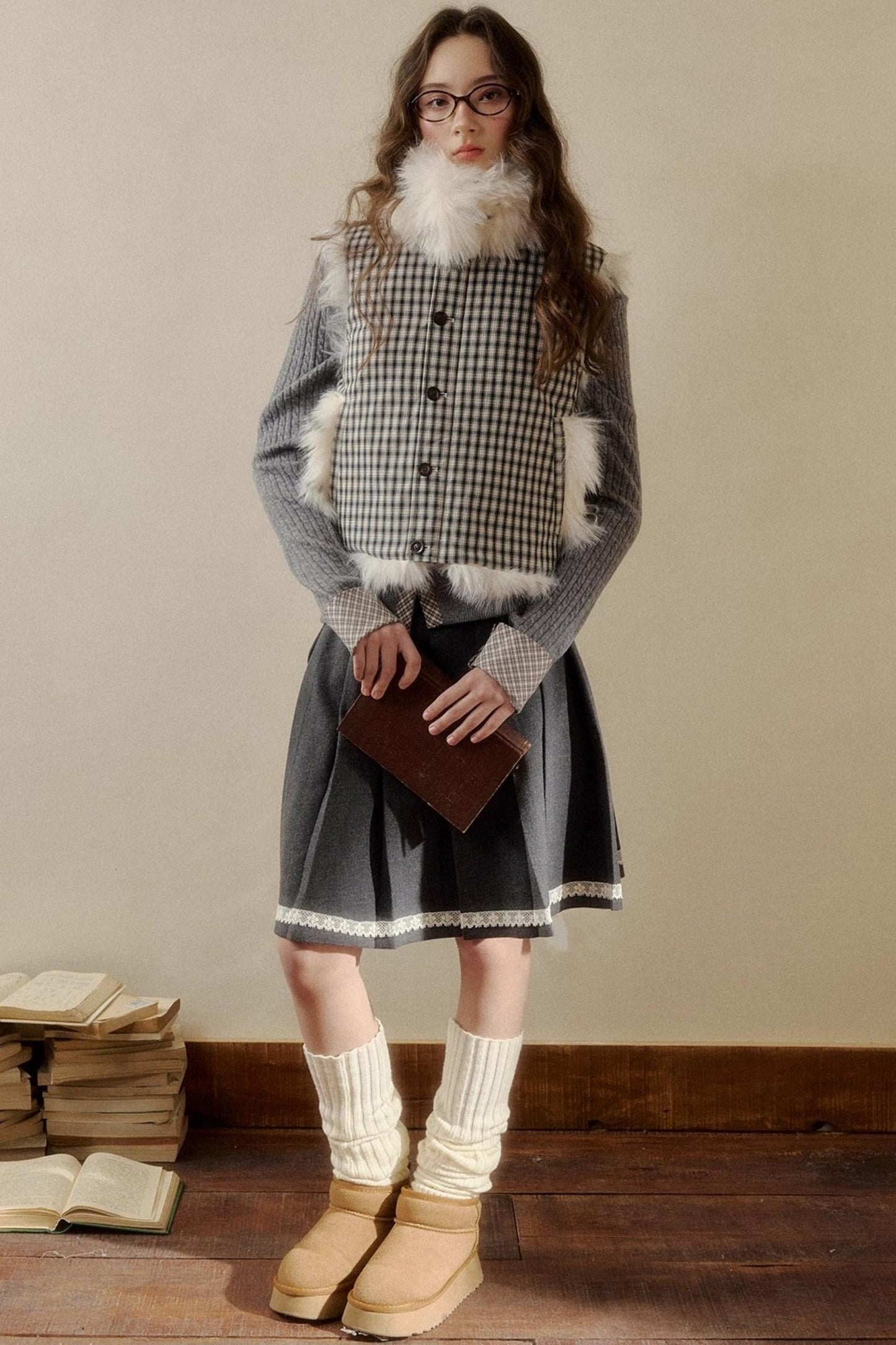 チェックドットファーリバーシブルベスト