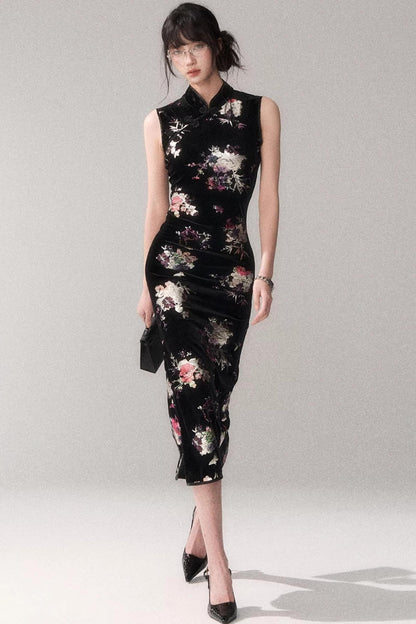 Gold Embellished Velvet Cheongsam Dress