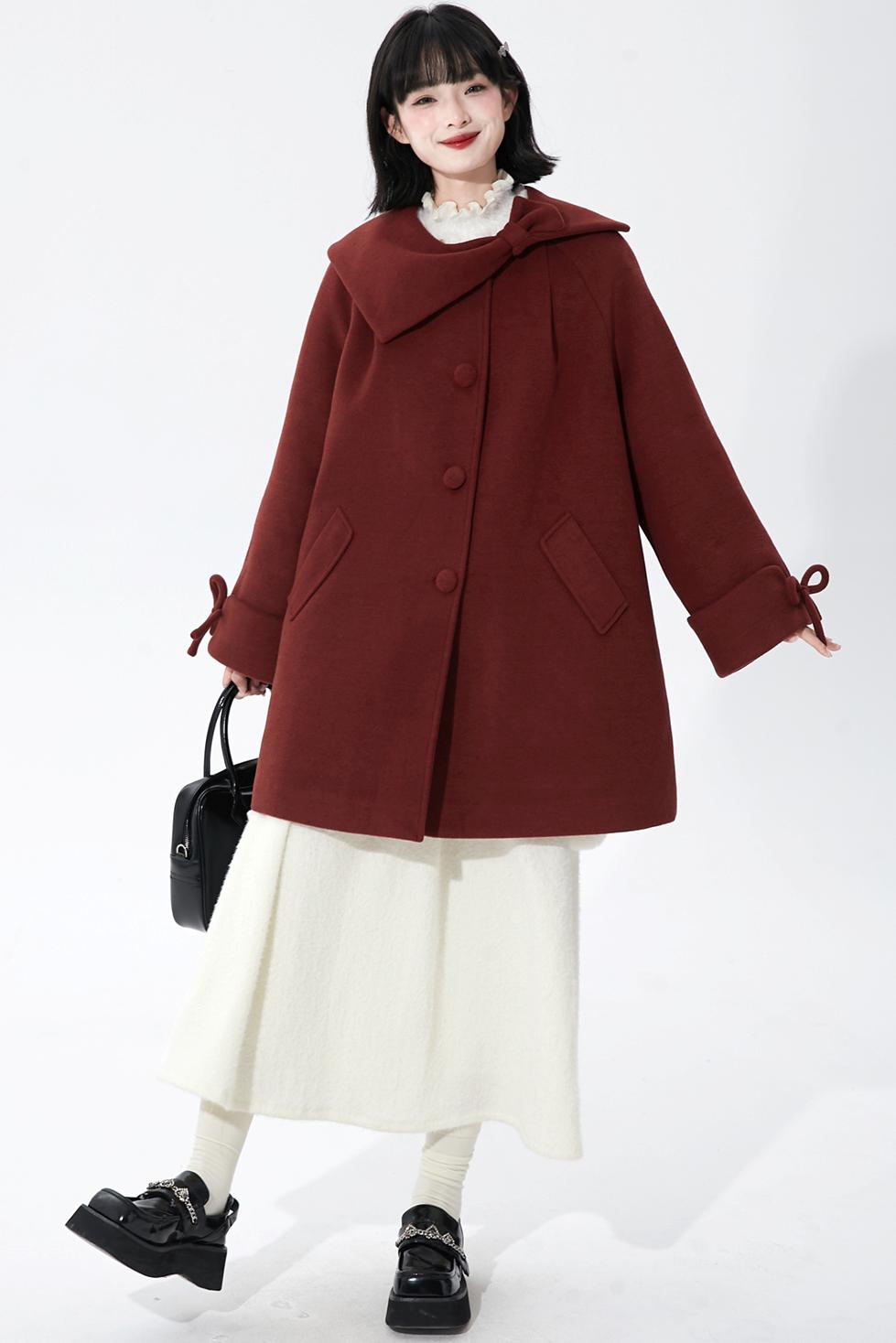 レッドアシンメトリーボウウールコート