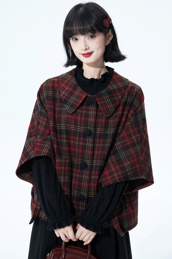 レッドブラウンチェックケープコート