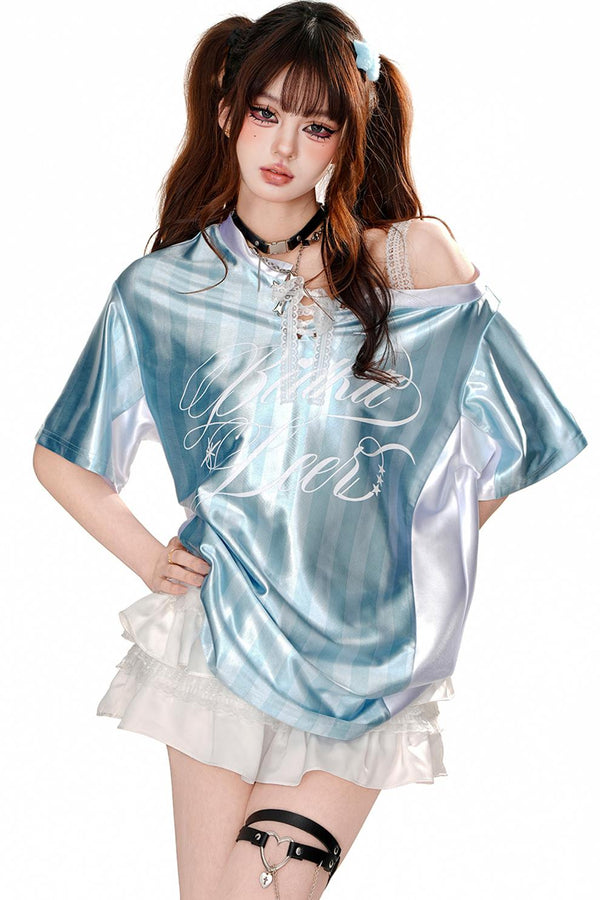 レースストライプオフショルトップス