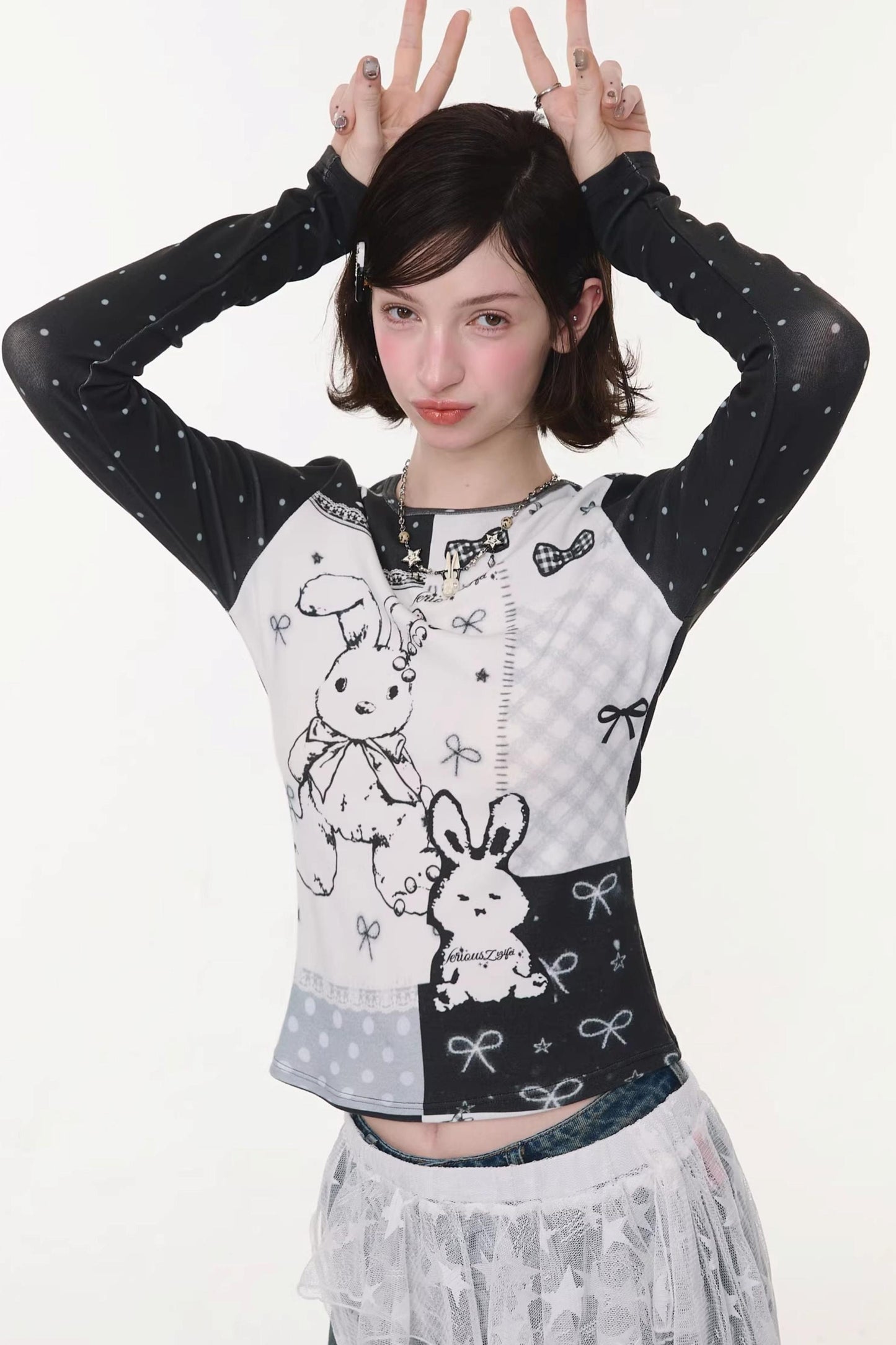 Rabbit Print Contrast Blouse