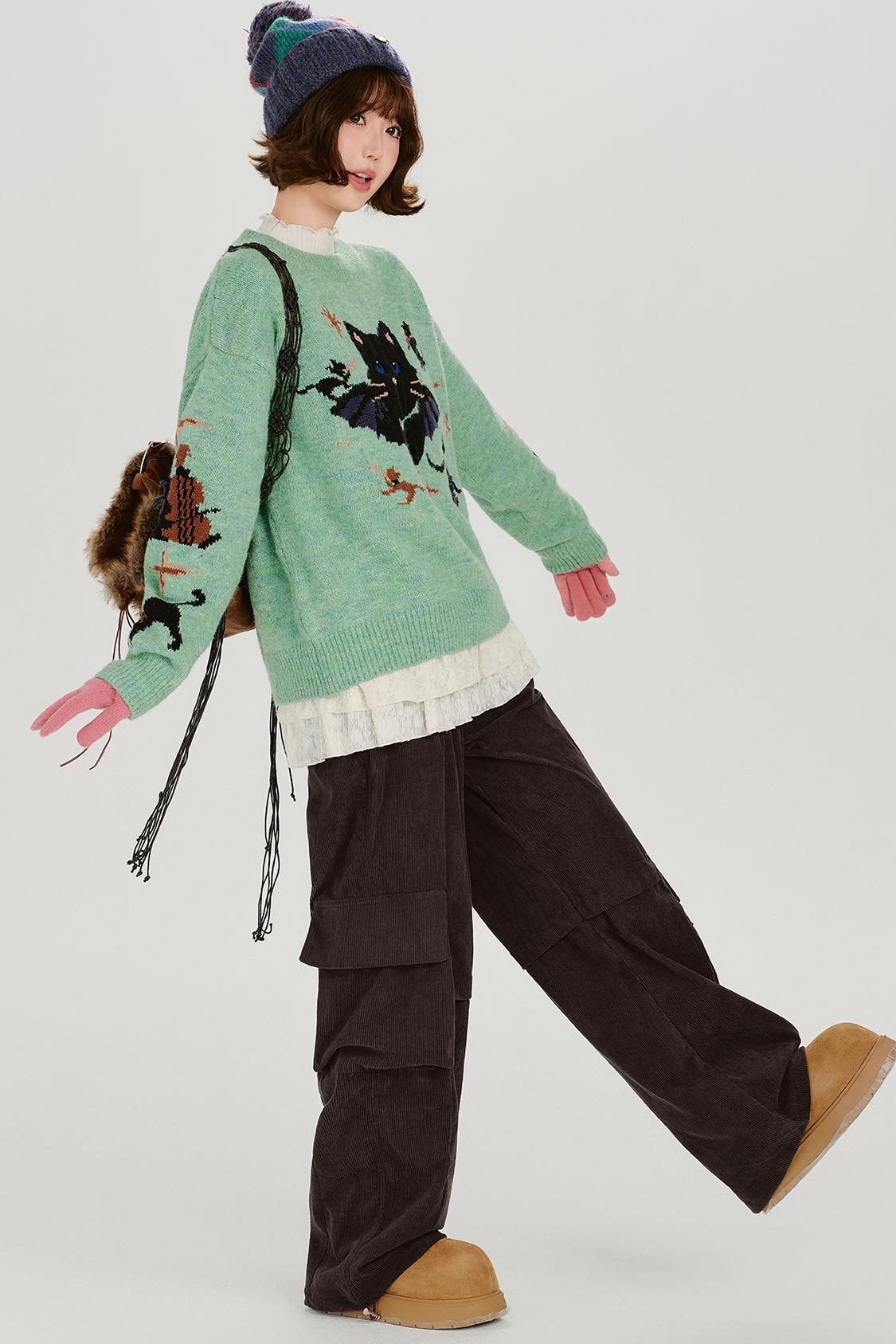 キャットジャガードレトロプルオーバートップス