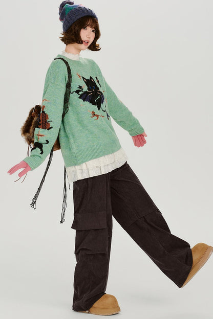 キャットジャガードレトロプルオーバートップス