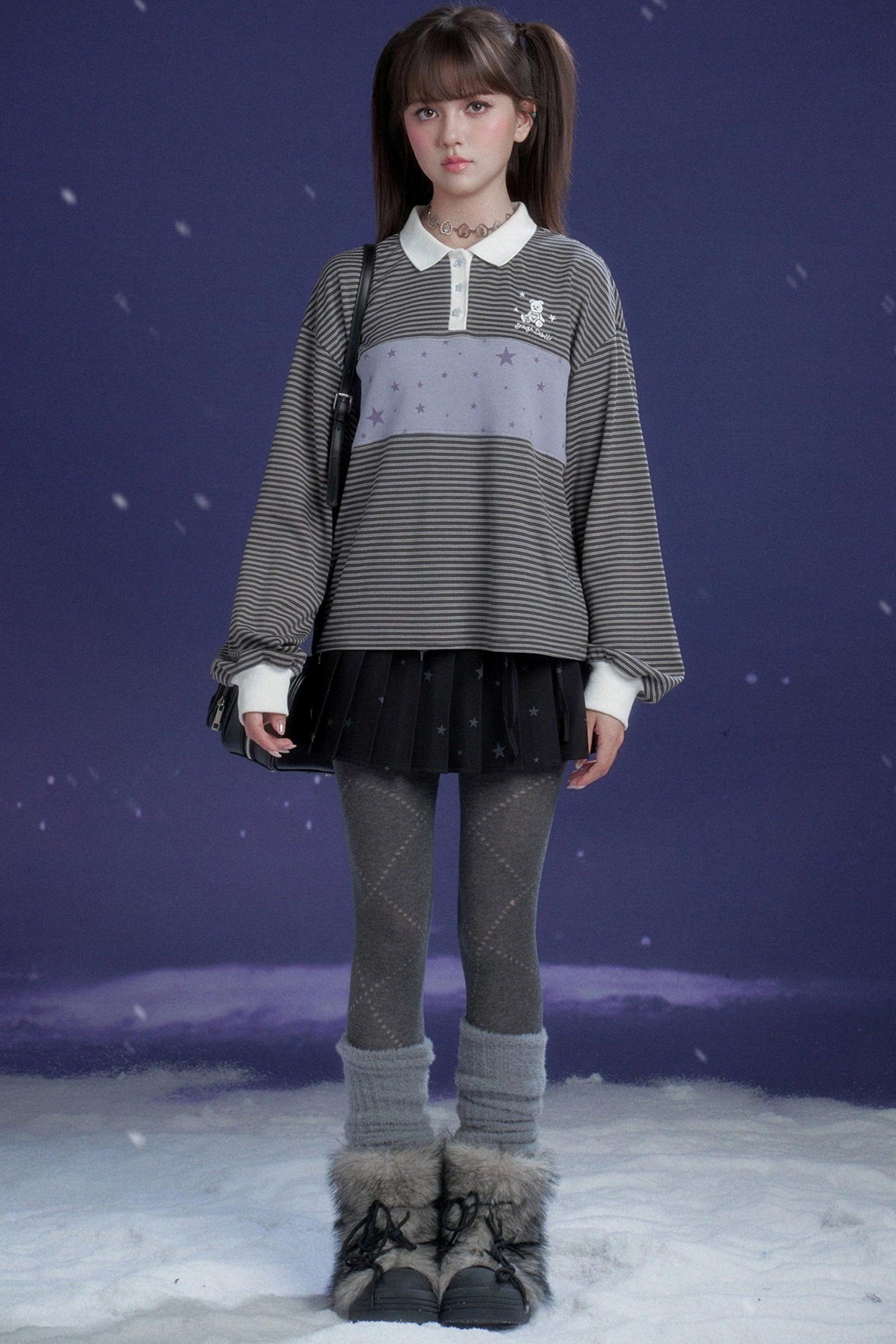 Gray and Purple Striped Polo Top