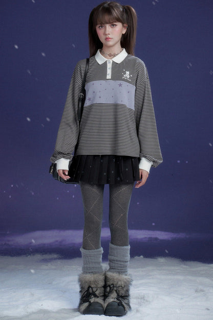 Gray and Purple Striped Polo Top