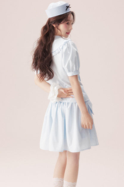 海盐蝴蝶结衬衫+半裙