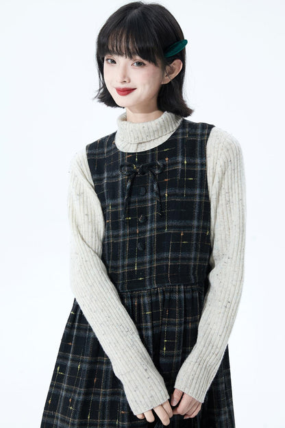 チェックパッチワークウールドレス