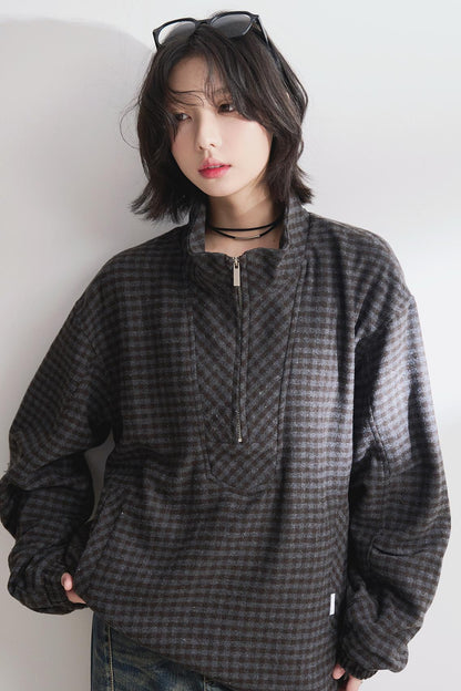 Half-zip stand collar check sweatshirt