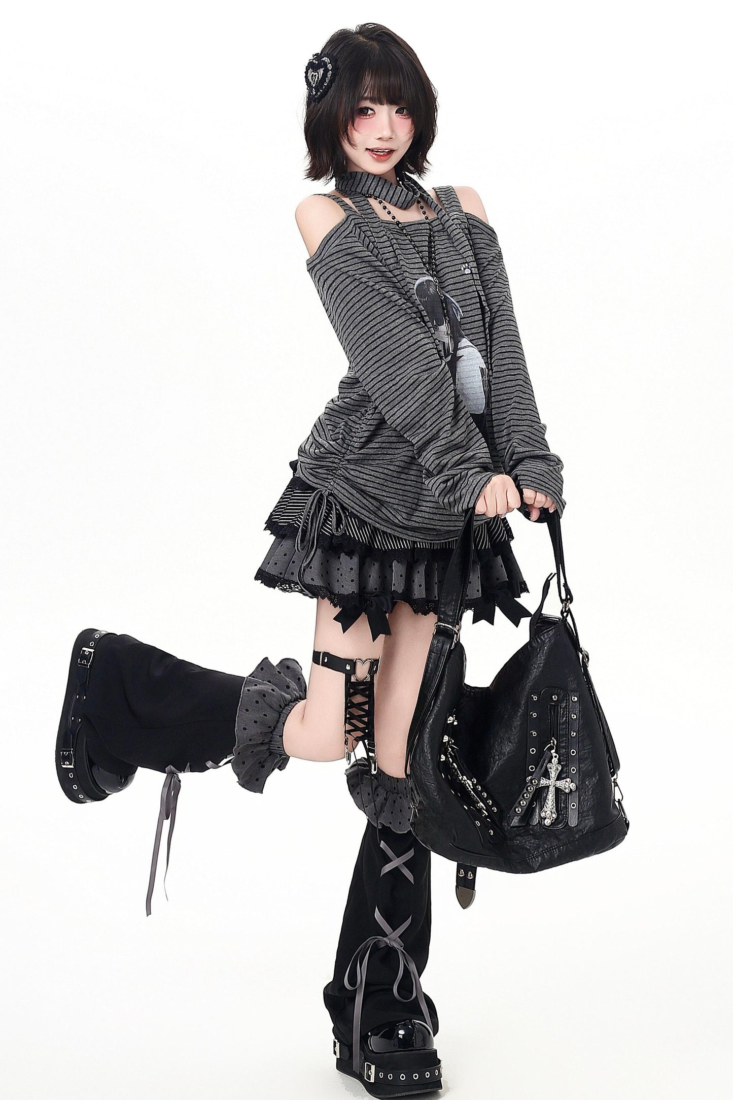 ストライプオフショルダードロストルーズロンT（ストール付き）