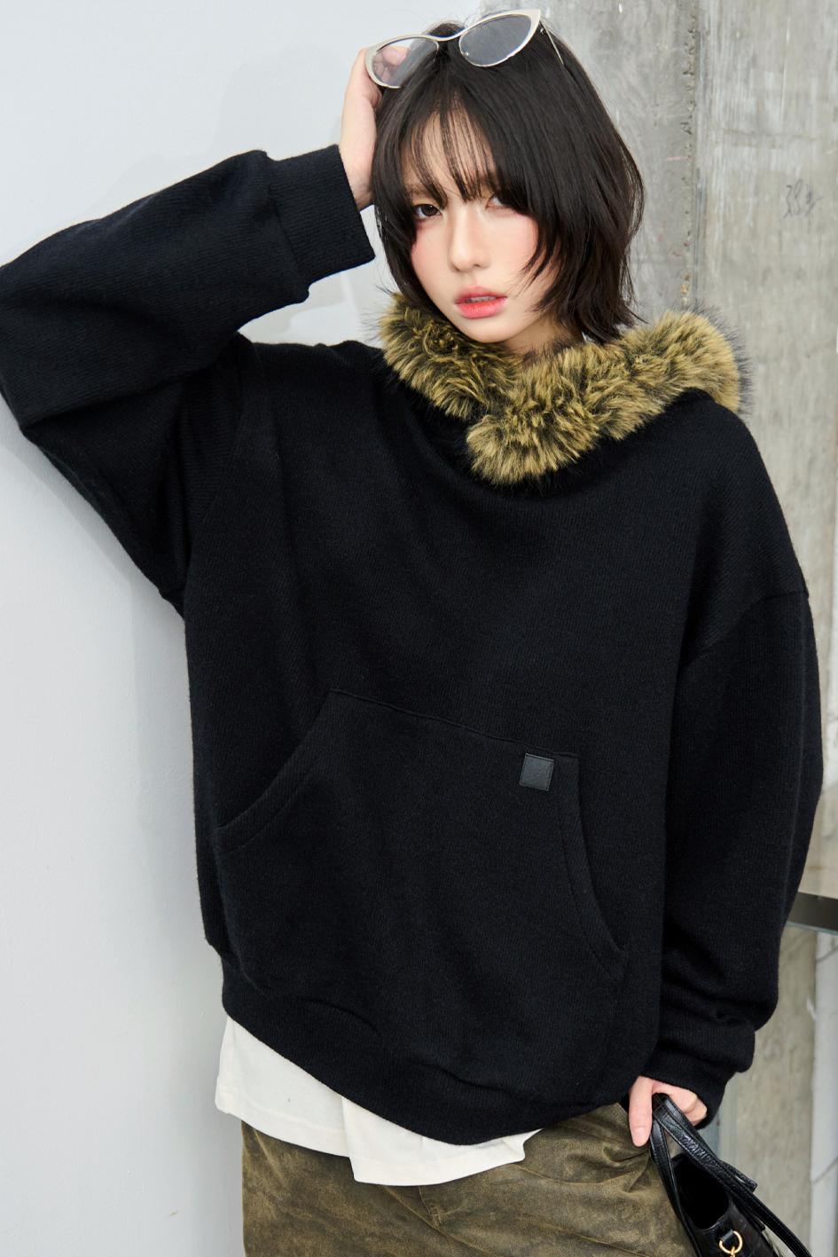 Knit Fur Collar Hooded Sweatshirt