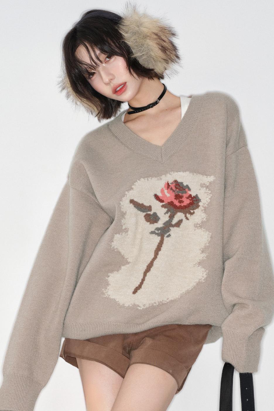 Rose Pattern Buoy Neck Sweater