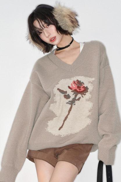 Rose Pattern Buoy Neck Sweater