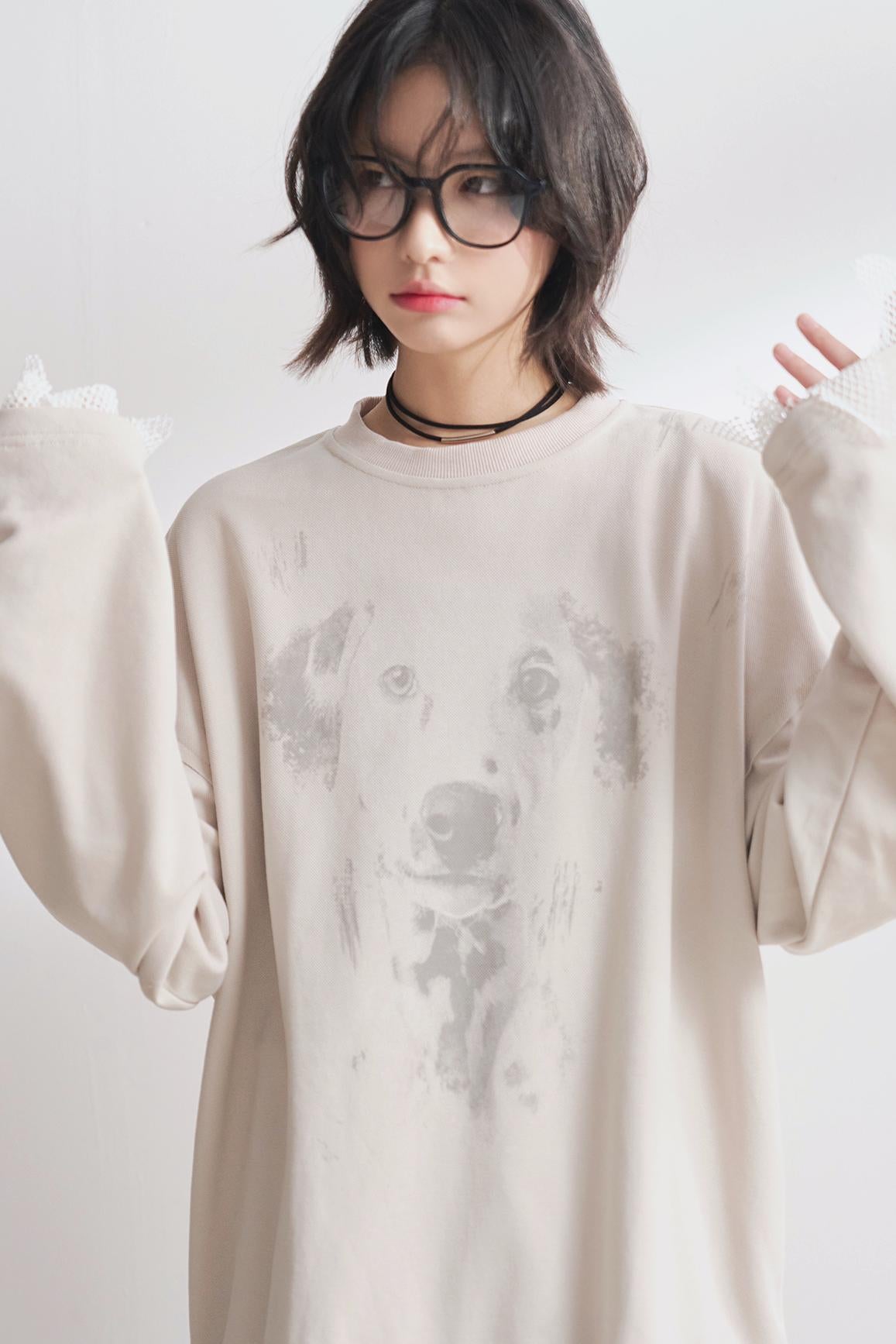Dog Print Panel Long Sleeve T-Shirt