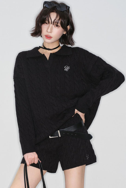 ケーブルニットポロセーター+パンツ