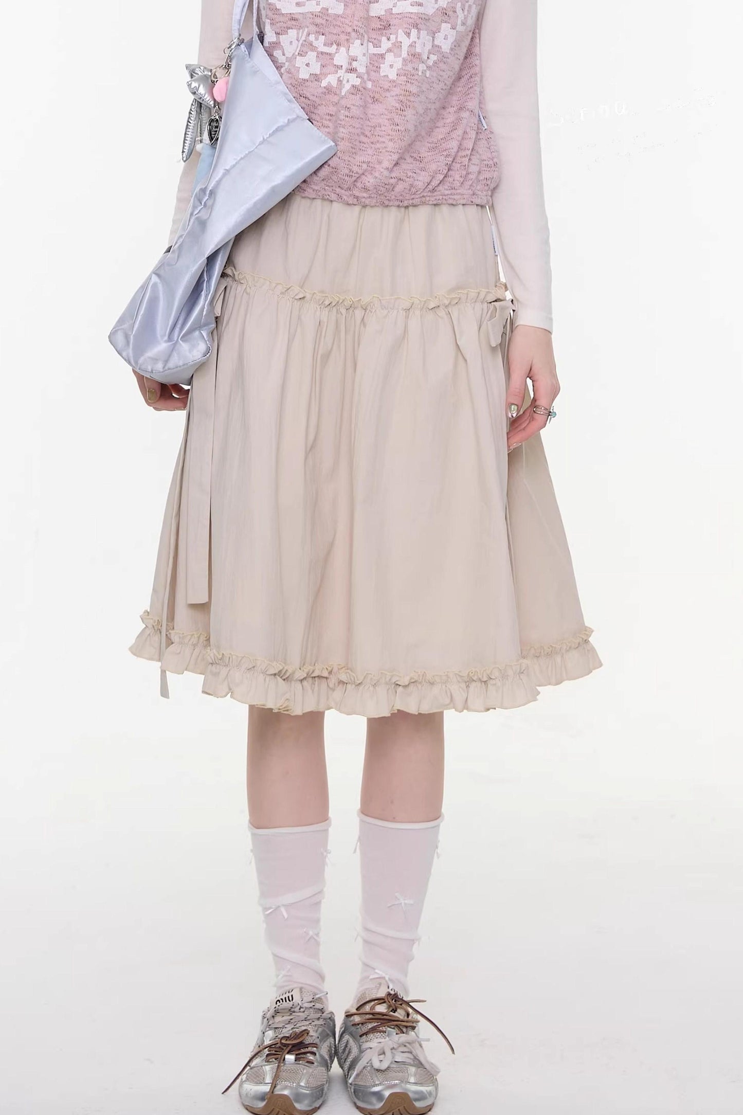 Vintage Bow Knot Khaki Midi Skirt