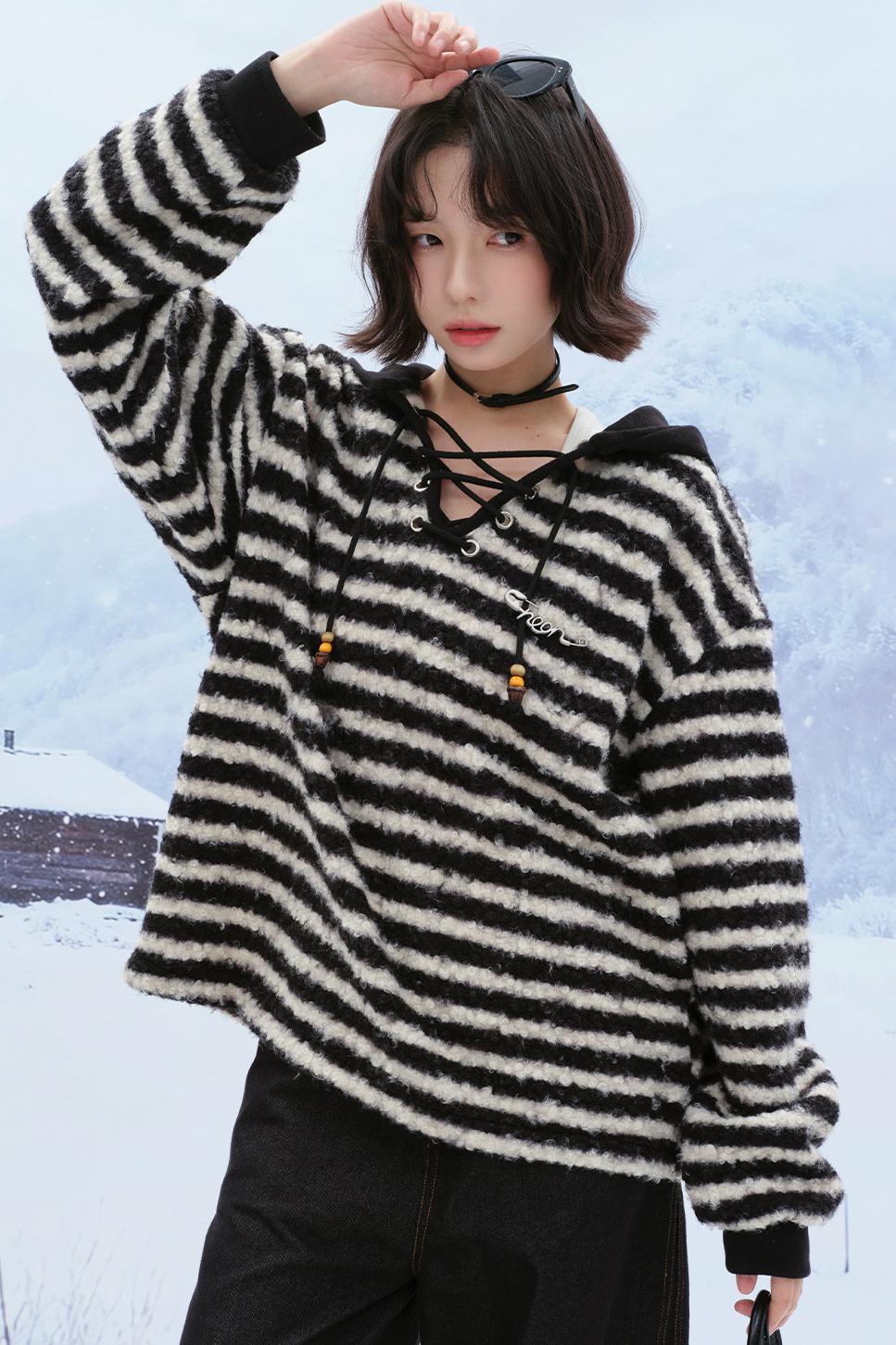 Striped plush hooded top