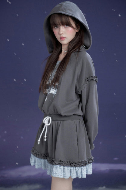 Gray-Blue Lace Hooded Dress