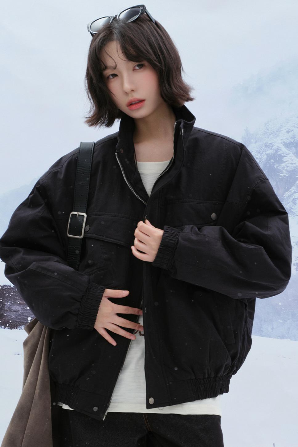 Solid cotton stand collar jacket
