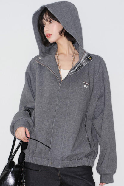 Plaid Patchwork Hooded Cardigan