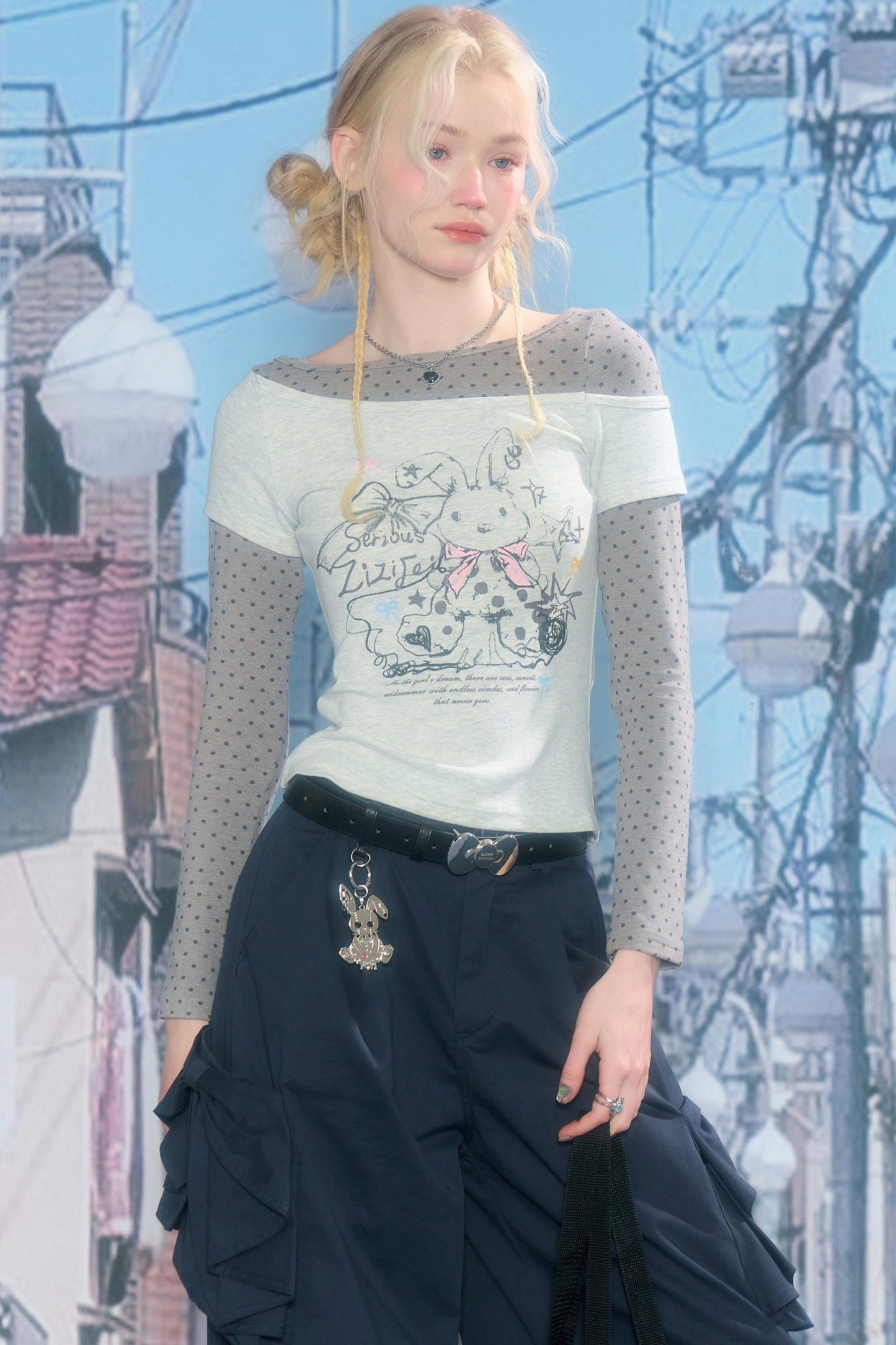 Gray Tone Rabbit Print Blouse