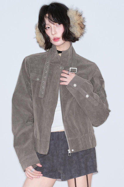 Retro Suede Stand-Up Collar Jacket