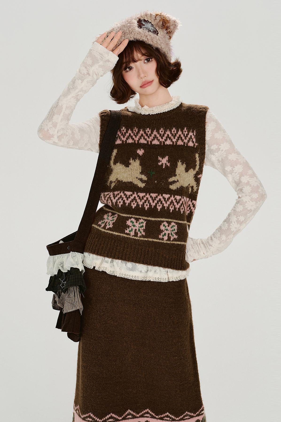 レトロフェアアイルニットベスト+スカート