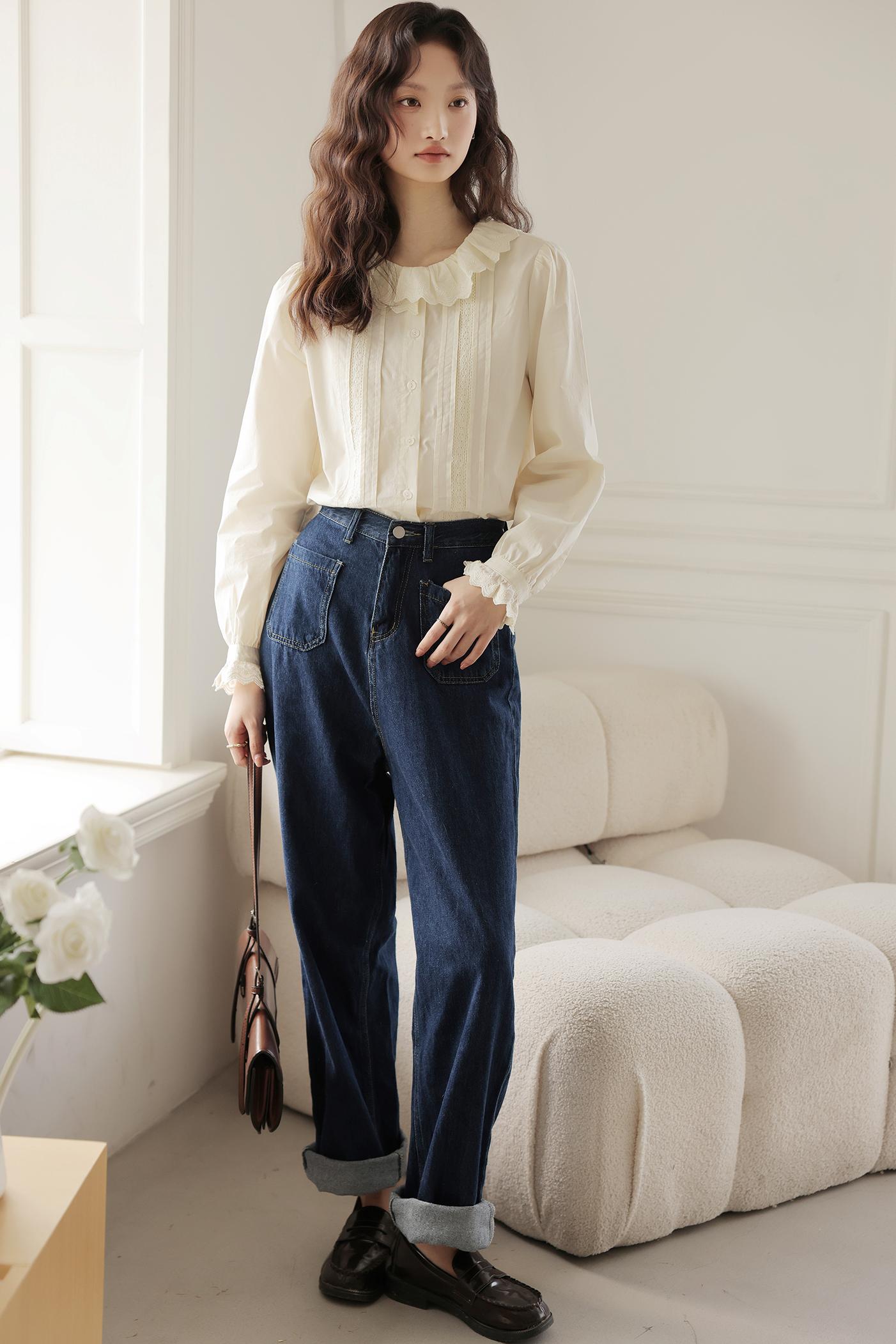 Ruffle Lace Collar Apricot Shirt