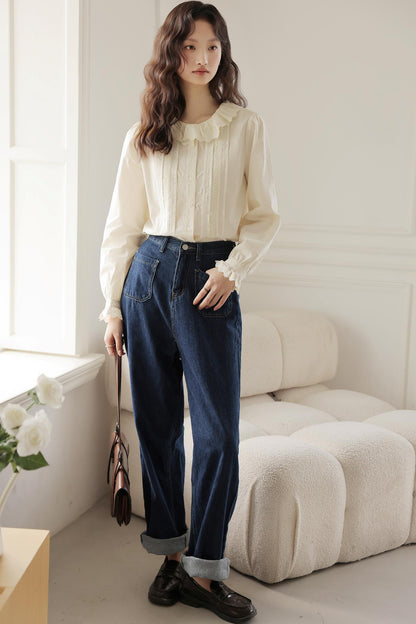 Ruffle Lace Collar Apricot Shirt