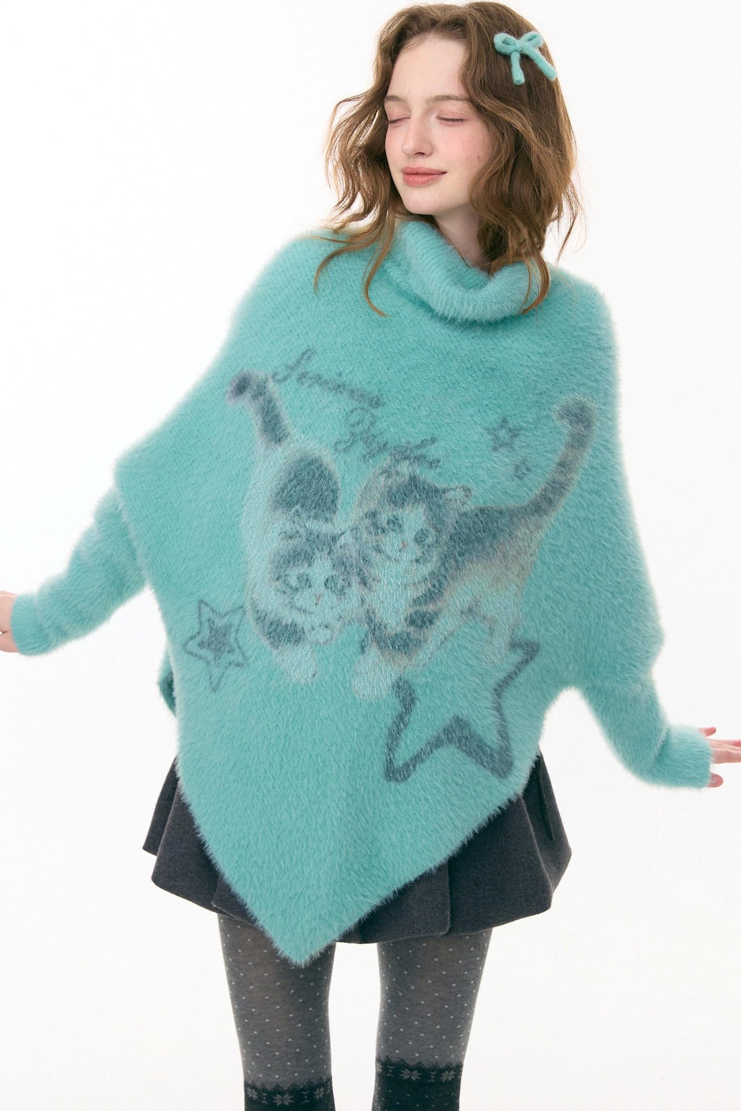 Cat Print Turtleneck Sweater