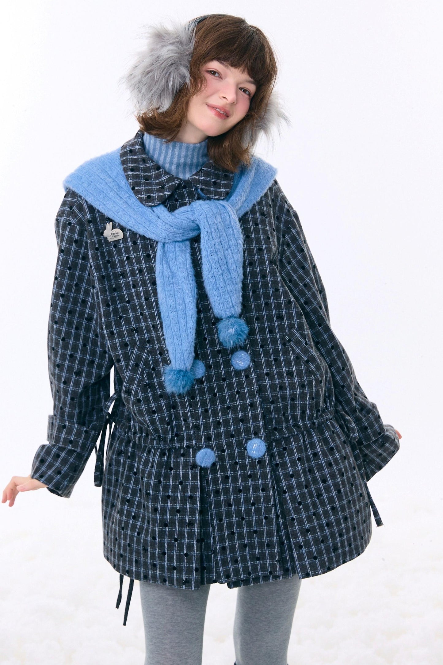 Checked Dot Doll Collar Coat