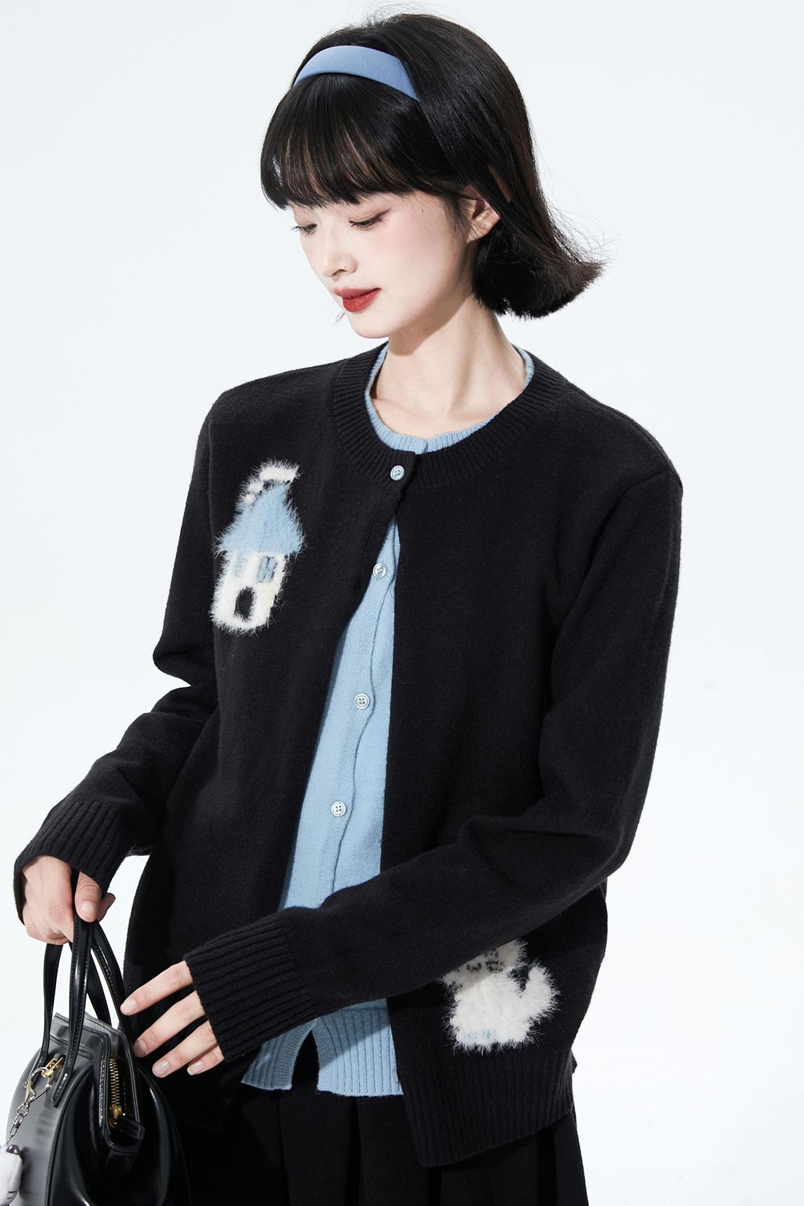 カラーブロックフロッキージャカードカーディガン