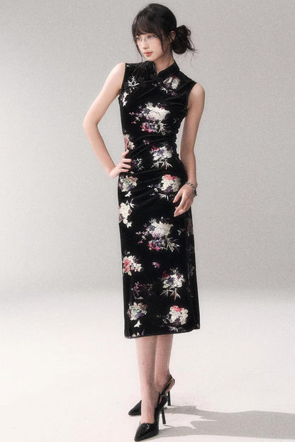 Gold Embellished Velvet Cheongsam Dress