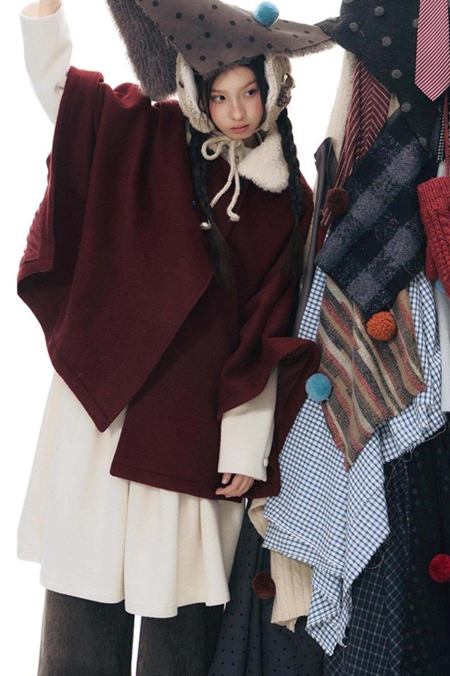 ファーカラーチェックケープコート