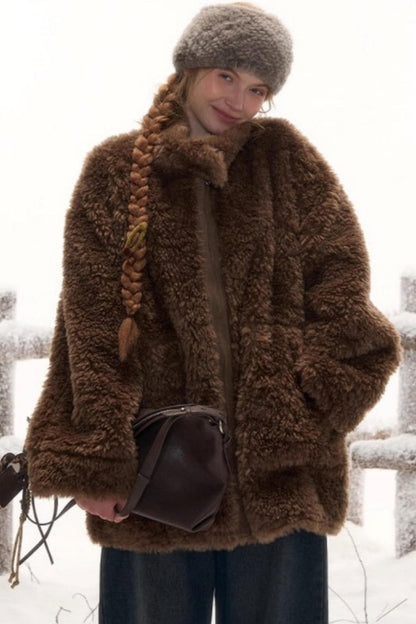 Reversible suede stand collar fur coat