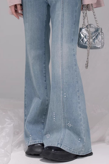 スターレイトブルーラインストーンフレアデニムパンツ
