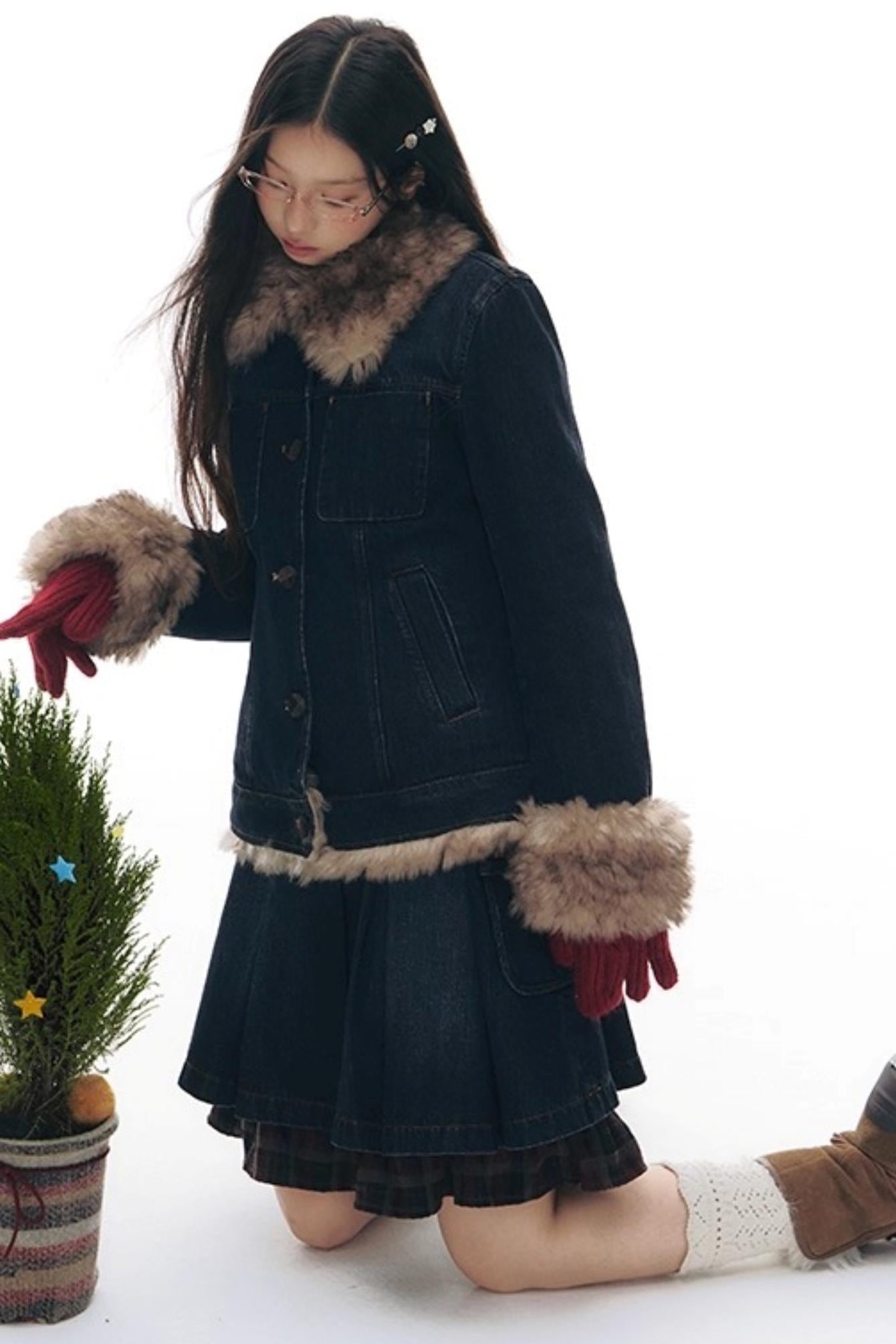 ファーカラーデニムジャケット+スカート