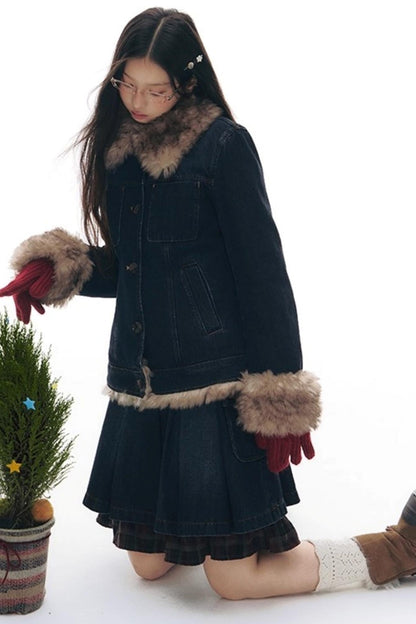 ファーカラーデニムジャケット+スカート