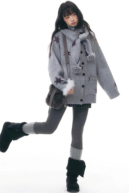Reversible Star Cardigan + Fur Ball Hooded Scarf