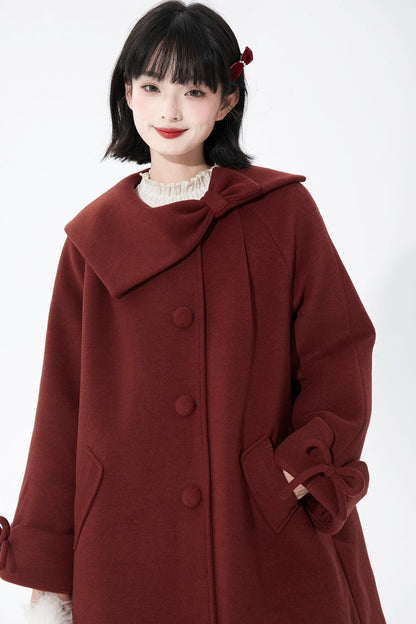 レッドアシンメトリーボウウールコート