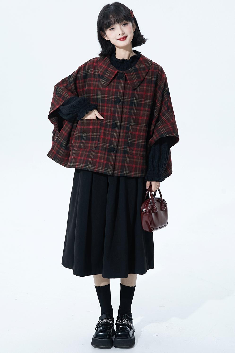 レッドブラウンチェックケープコート